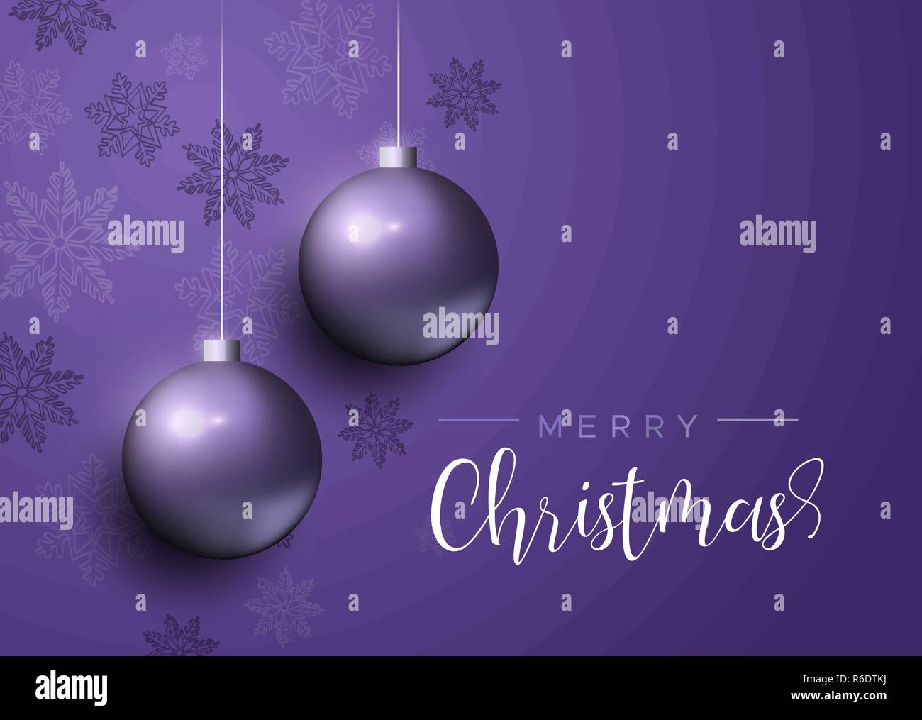 Weihnachtskarte, Purple xmas bauble Ornamente mit Schneeflocken. Luxus Urlaub Kugeln Hintergrund für die Einladung oder Jahreszeiten Gruß. Stock Vektor