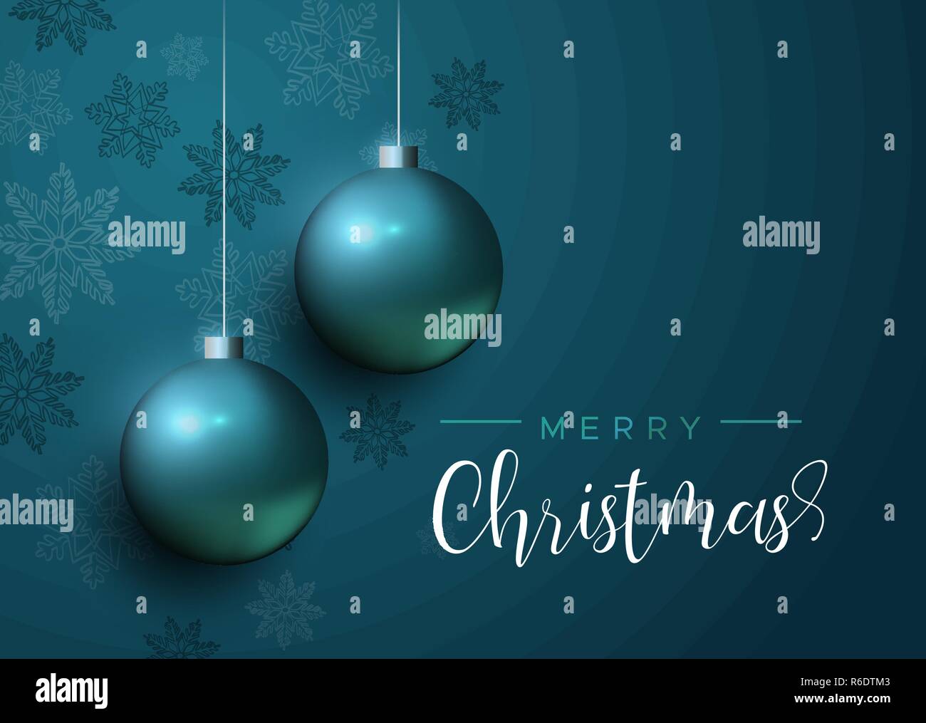 Frohe Weihnachten Karte, blau Xmas bauble Ornamente mit Schneeflocken. Luxus Urlaub Kugeln Hintergrund für die Einladung oder Jahreszeiten Gruß. Stock Vektor