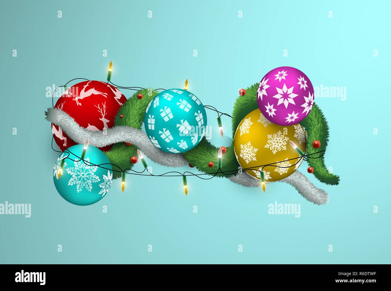 Frohe Weihnachten und guten Rutsch ins neue Jahr realistische 3D-Darstellung, bunte Xmas bauble Ornamente mit Lichtern und Kiefer Girlande. Mehrfarbige Urlaub b Stock Vektor