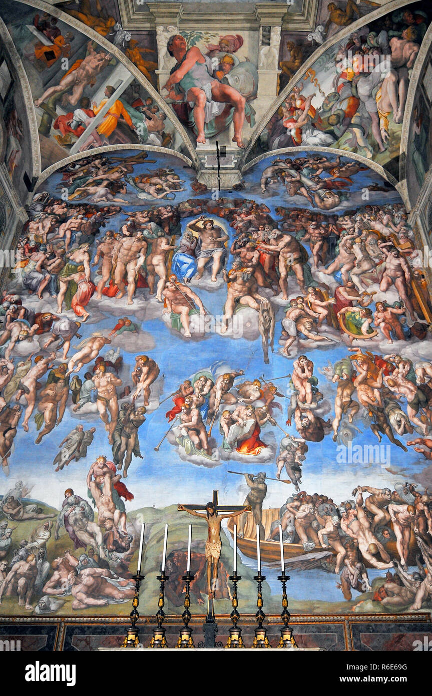 Der Cappella Sistina (Sixtinische Kapelle) mit Details der Schöpfung von Adam, Künstler Michelangelo Buonarroti, Italien Rom Stockfoto