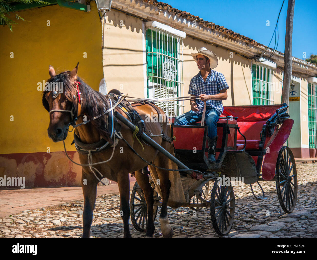 Mann in einem Cowboy Hut mit einer Pferdekutsche für touristische Fahrten. Stockfoto