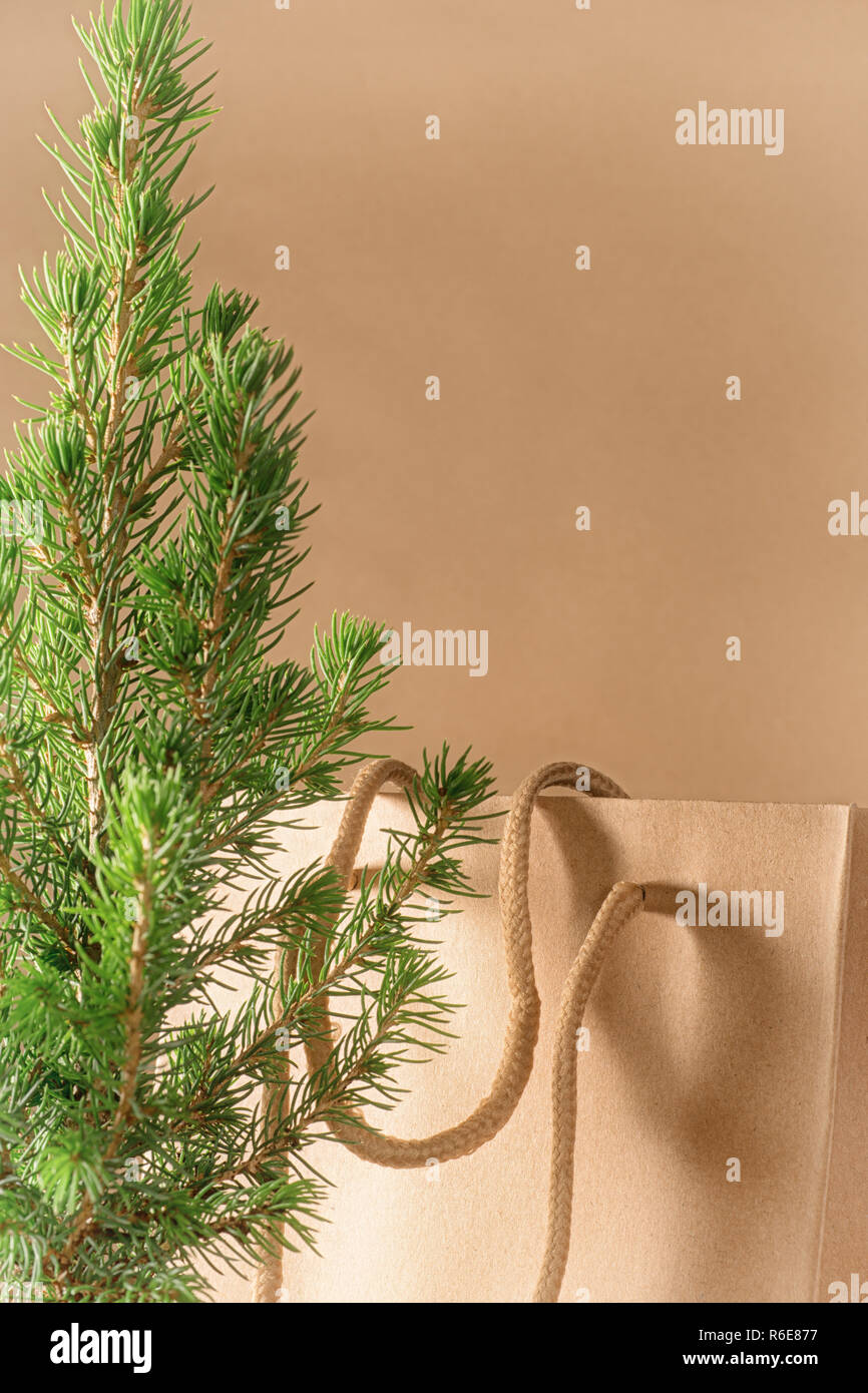 Kleine Weihnachtsbaum und Handwerk Papier Geschenkbeutel auf beigem Hintergrund mit Kopie Raum Stockfoto