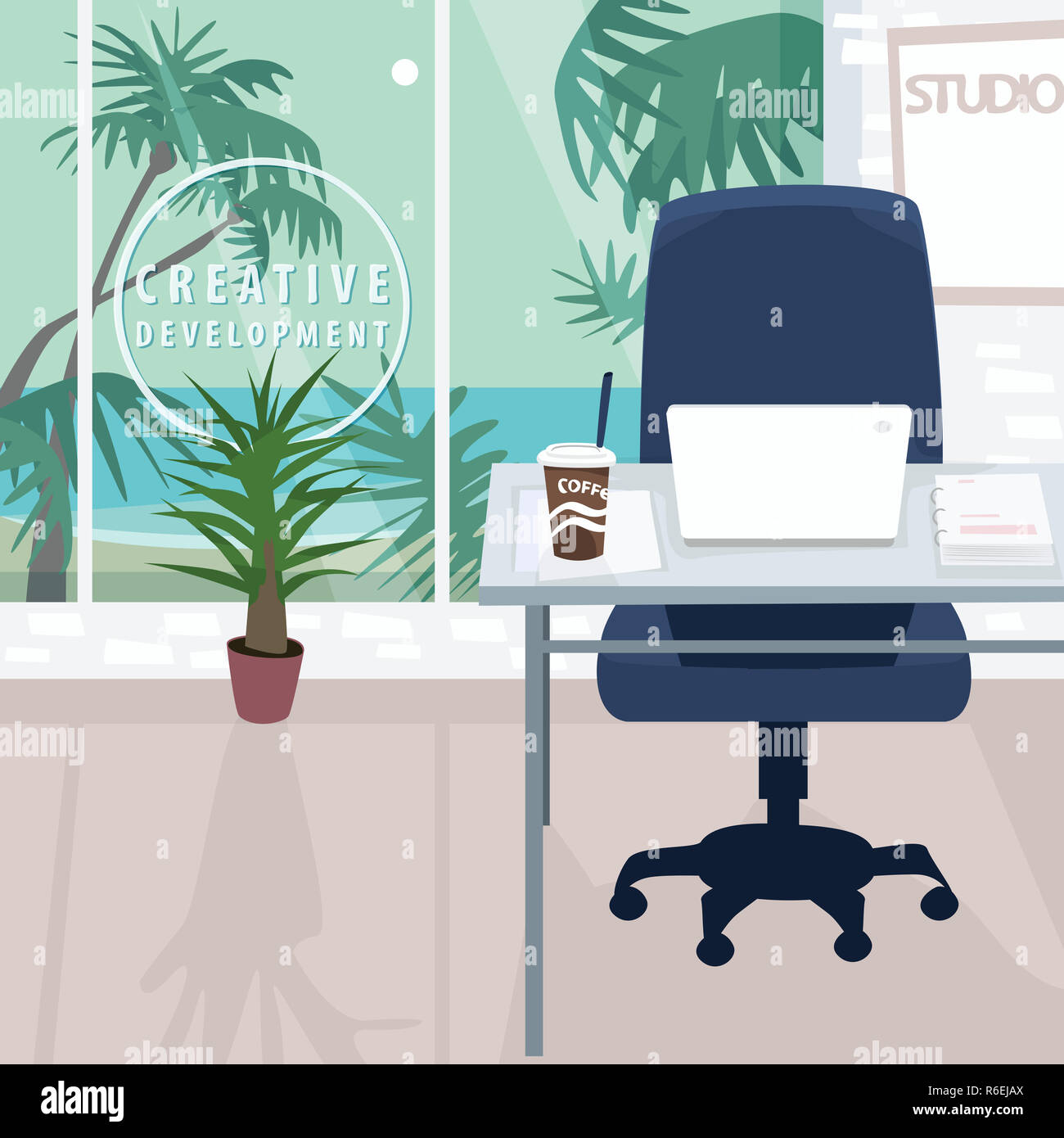 Innenraum der Arbeitsplatz mit Blick auf den Ozean in den Tropen Stockfoto