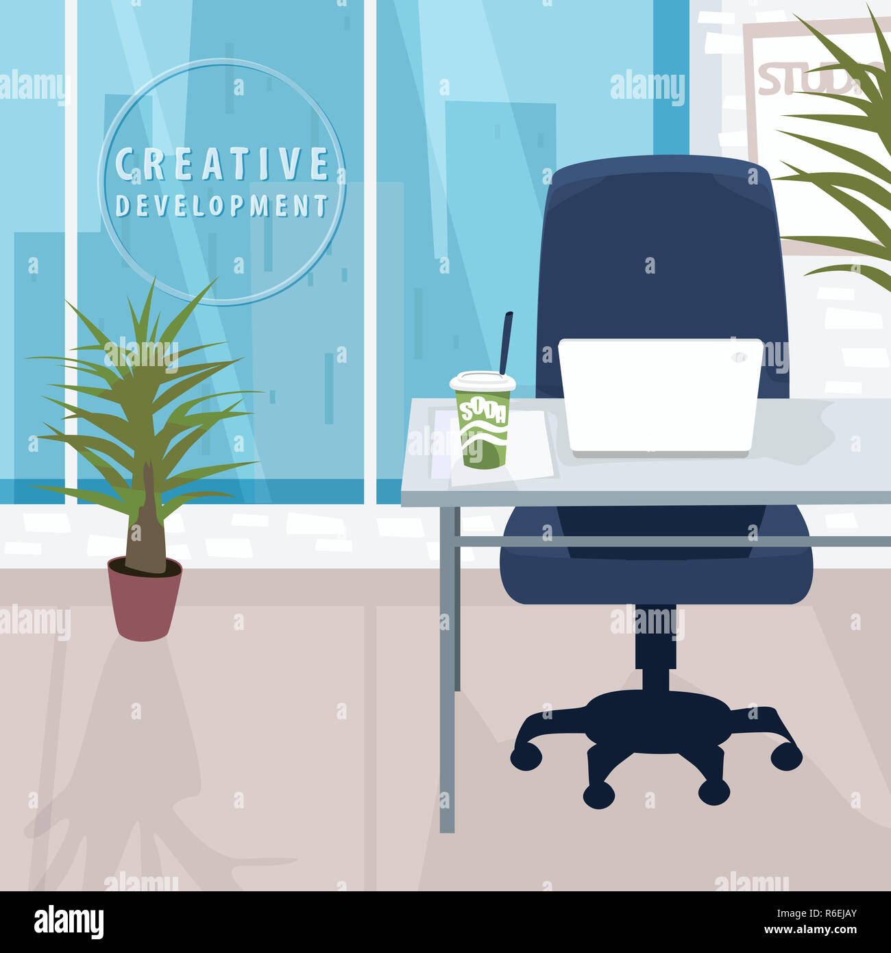 Innenraum der Arbeitsbereich mit Stadtblick in Metropolis Stockfoto