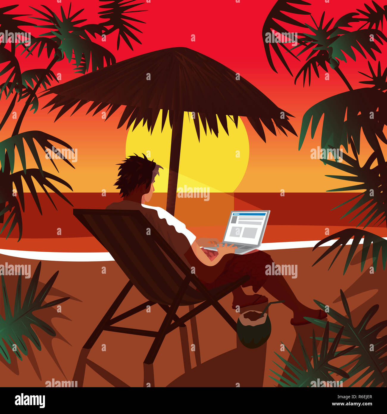 Mann bei der Arbeit am Notebook am Strand bei Sonnenuntergang Stockfoto