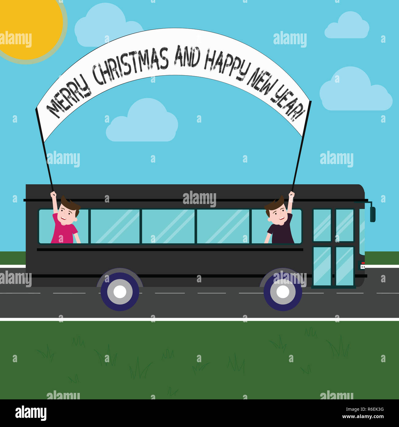 Handschrift text Frohe Weihnachten und ein glückliches Neues Jahr. Begriff Sinne Weihnachtszeit Grüße feiern zwei Kinder in der Schule Bus heraus halten, Bann Stockfoto