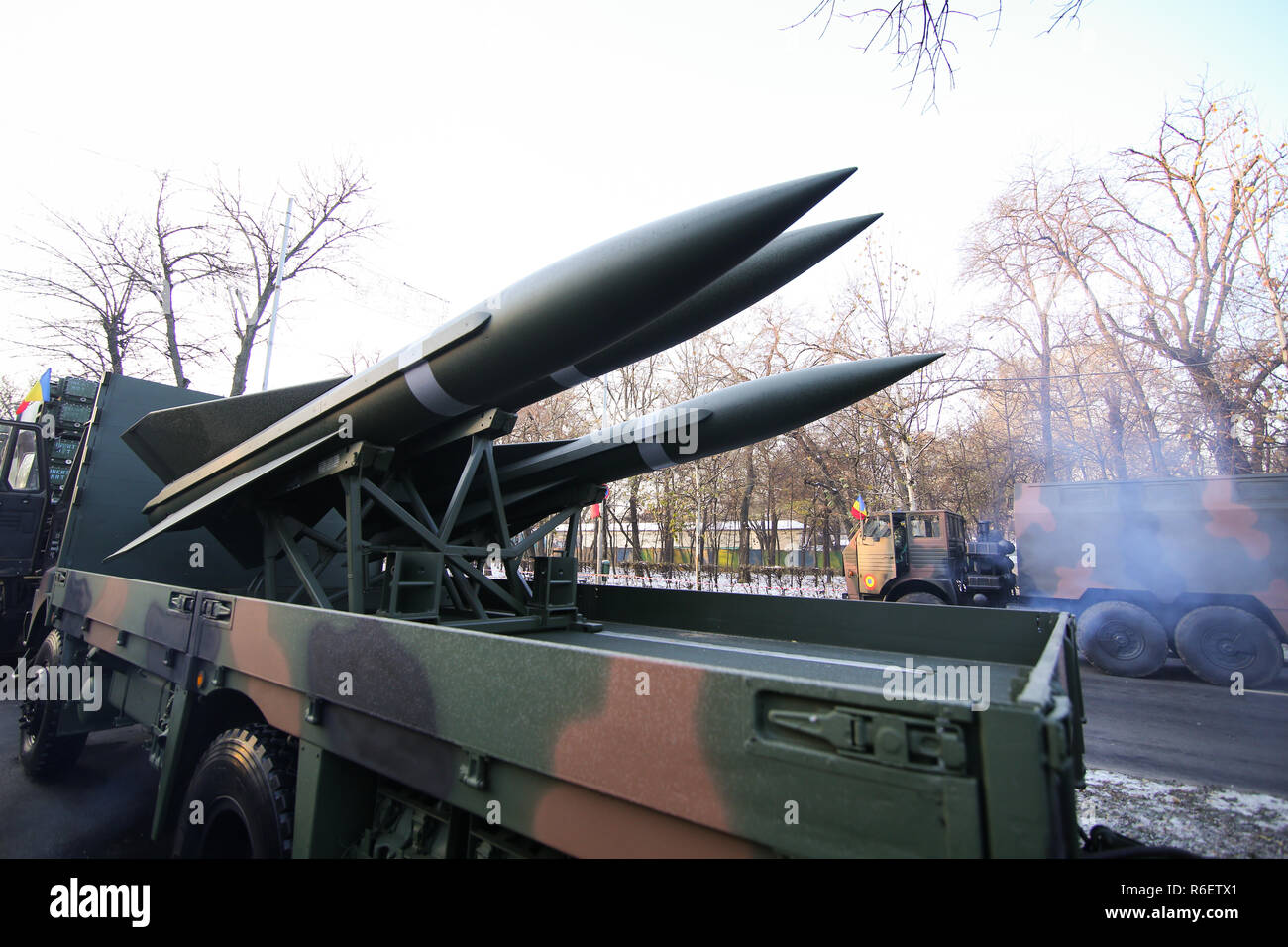 BUCHAREST, ROMANIA - December 1, 2018: HAWK surface-to-air missile (SAM) system at the Romanian National Day military parade Stockfoto