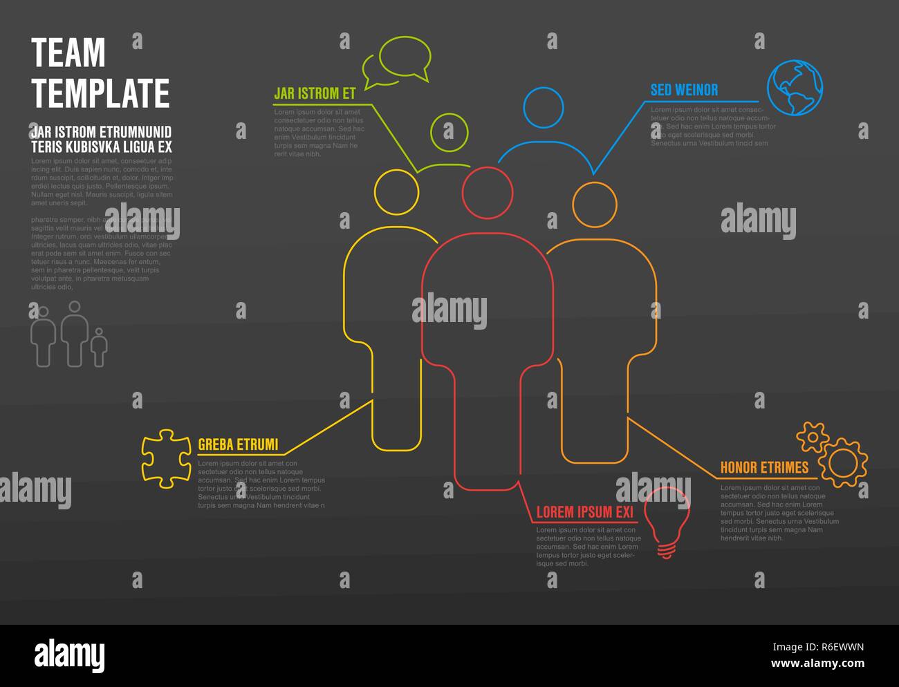 Thinline team Infografik Vorlage für Unternehmen Übersicht oder Hierarchie Schema - dunkle Version Stock Vektor