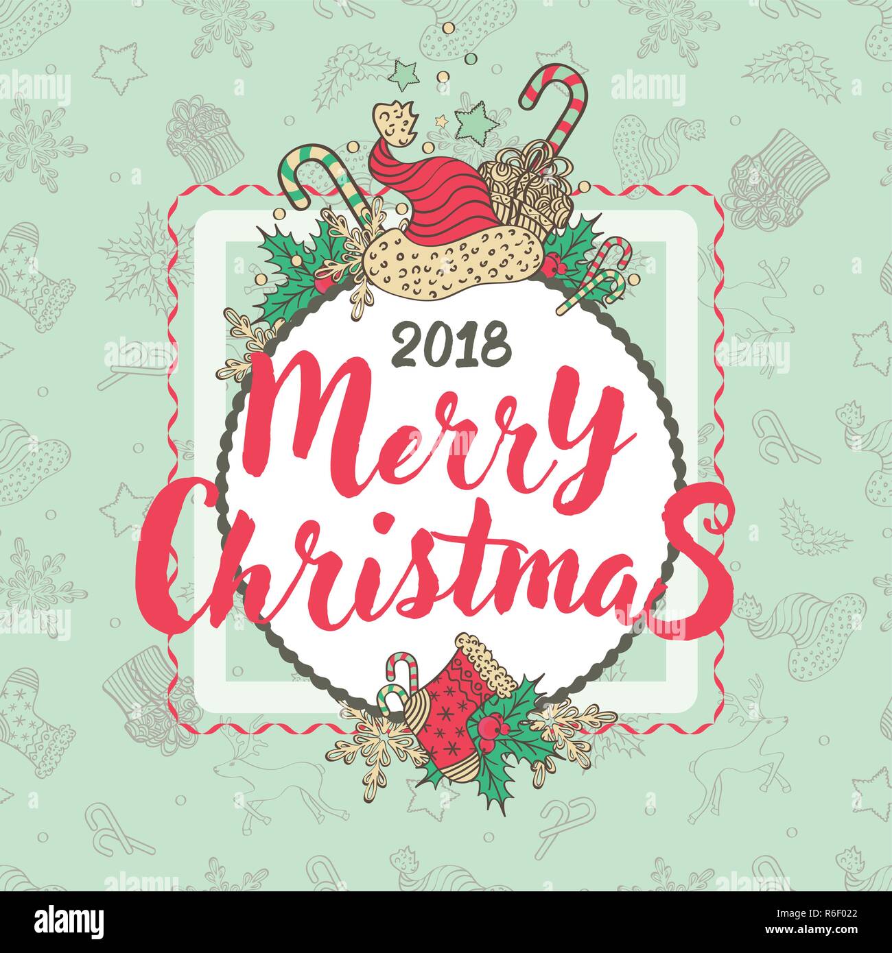 Cute Urlaub Weihnachten illustrierte Karte mit Weihnachten nahtlose Muster Stock Vektor