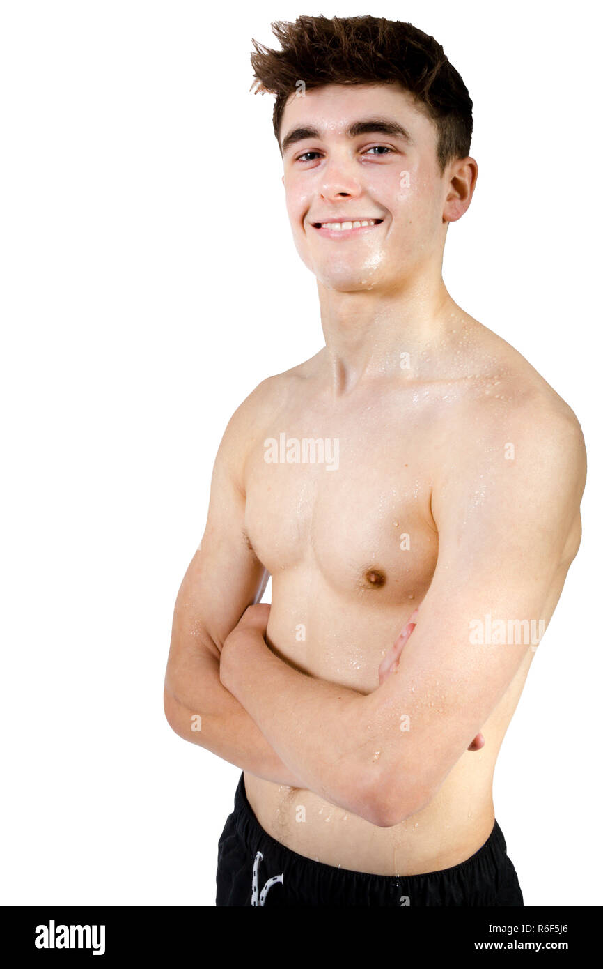 Kaukasischen jungen Erwachsenen Schwimmer auf weißem Hintergrund Stockfoto