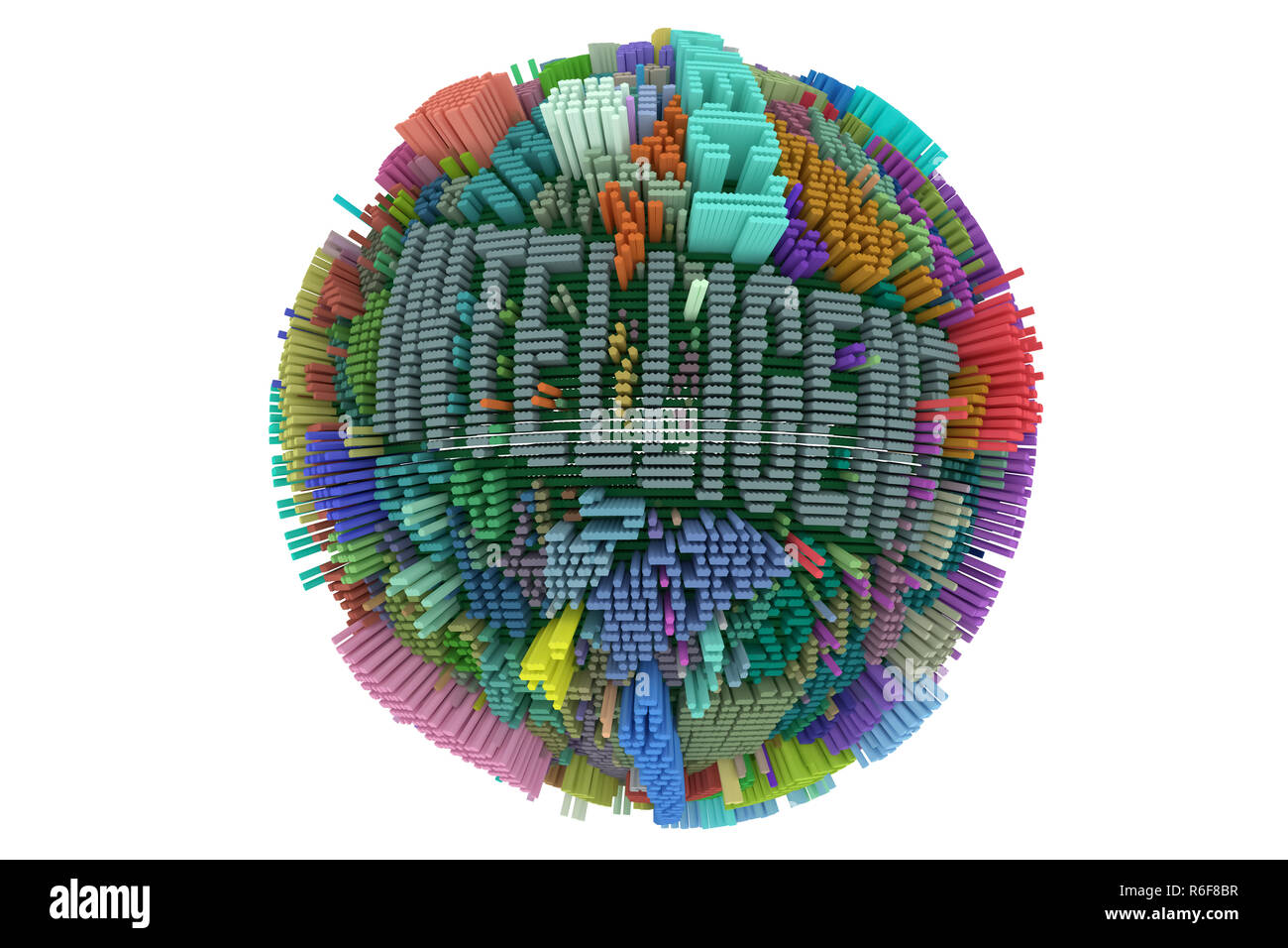 Stichwort intelligenter. Bunte 3D-Rendering. Kugel oder Planeten, geometrische Struktur, Wirtschaft oder Finanzen. Für Webseite, Wallpaper, Grafik Design, Ca Stockfoto