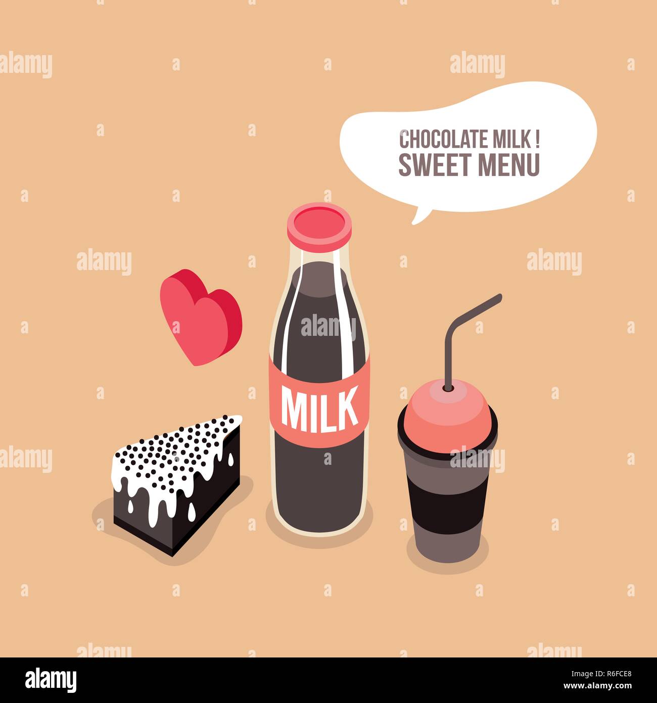 Leckeres Essen set Schokolade Milch Flasche Glas und Kuchen süßes Dessert Menü Vector Illustration Stock Vektor