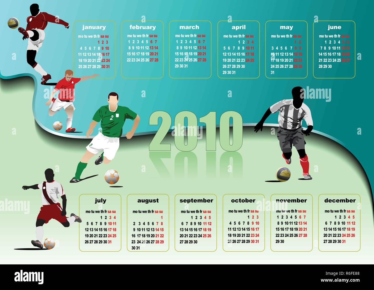 Kalender 2010 mit Fußball-Spieler Bild. Monate. Vector Illustration Stock Vektor