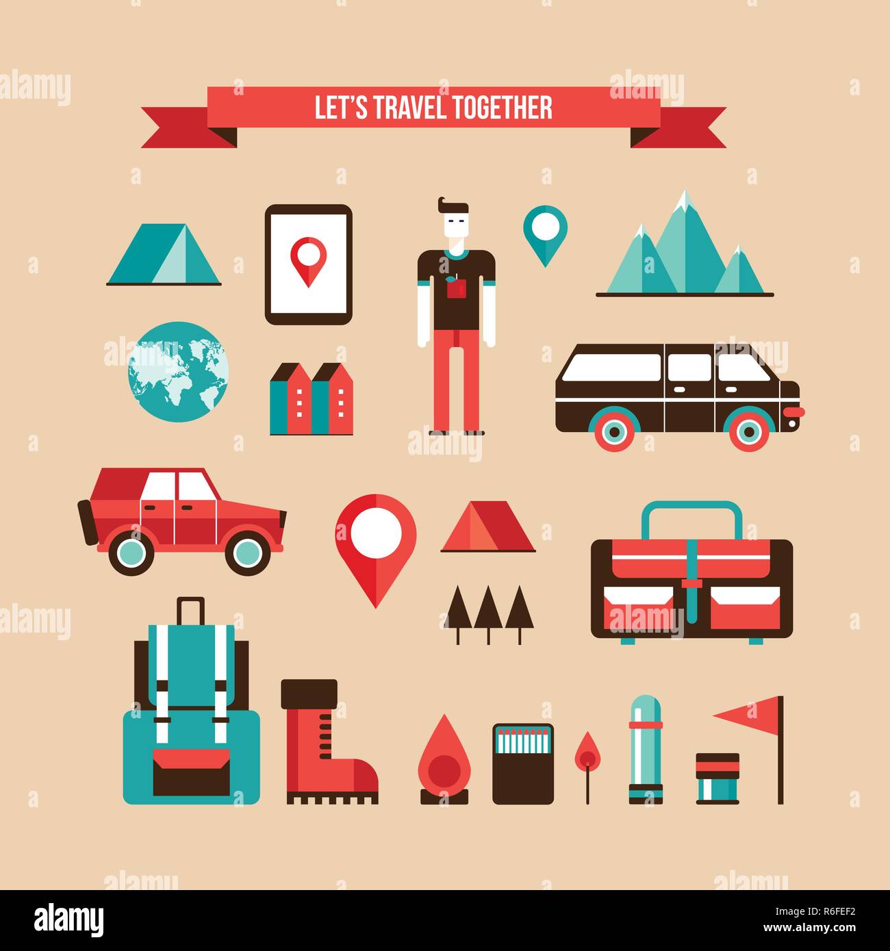 Tourismus Reisen Camping und Wandern von flachen Design Elemente Vector Illustration Stock Vektor