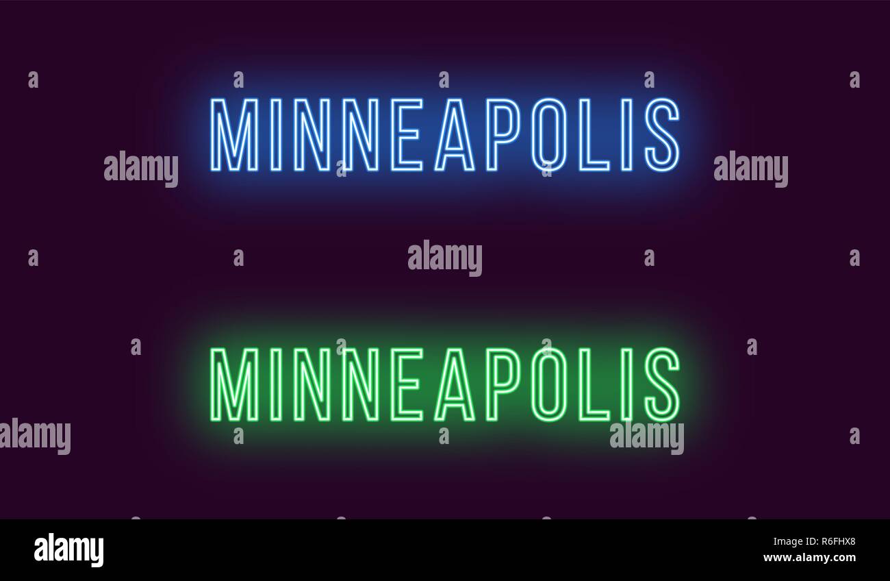 Neon Name von Minneapolis City in den USA. Vektor Text von Minneapolis, Neon Beschriftung mit Hintergrundbeleuchtung in dünnen, blauen und grünen Farben. Isolierte glowi Stock Vektor