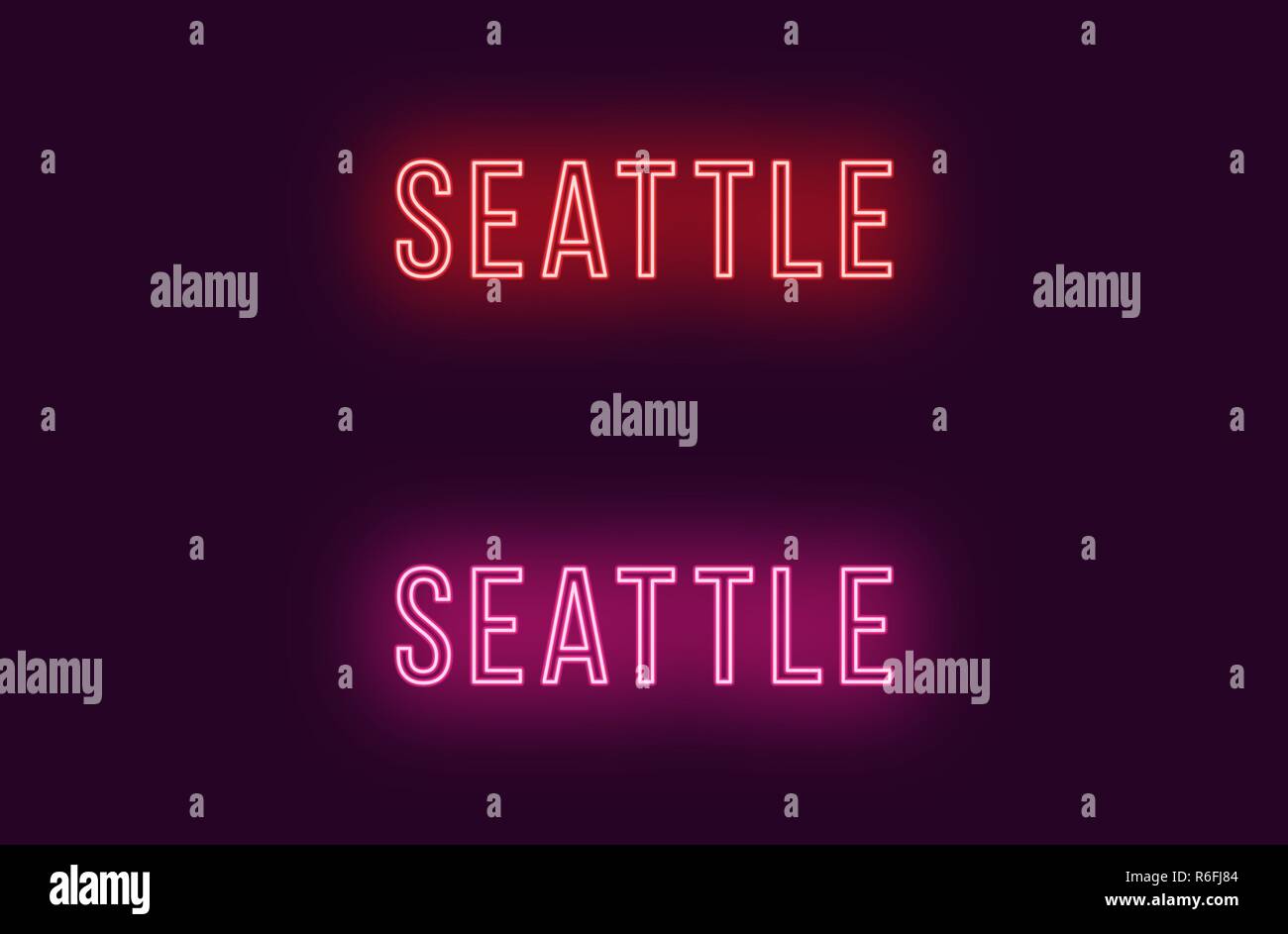 Neon Name des Seattle City in den USA. Vektor Text von Seattle, Neon Beschriftung mit Hintergrundbeleuchtung in dünnen Stil, rot und rosa Farben. Isolierte glühende Titel f Stock Vektor