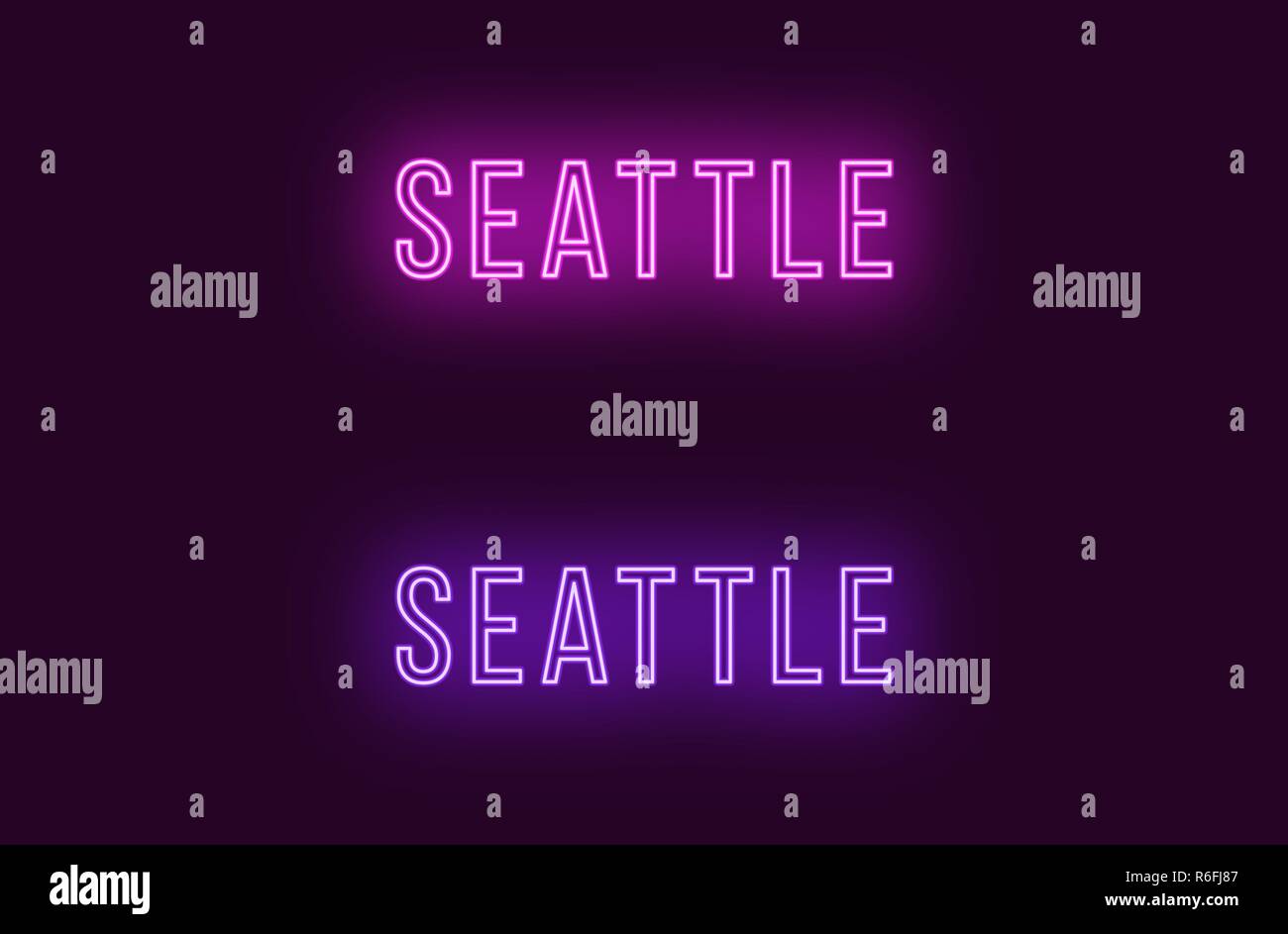 Neon Name des Seattle City in den USA. Vektor Text von Seattle, Neon Beschriftung mit Hintergrundbeleuchtung in dünnen Stil, Lila und violetten Farben. Isolierte glühende Ti Stock Vektor