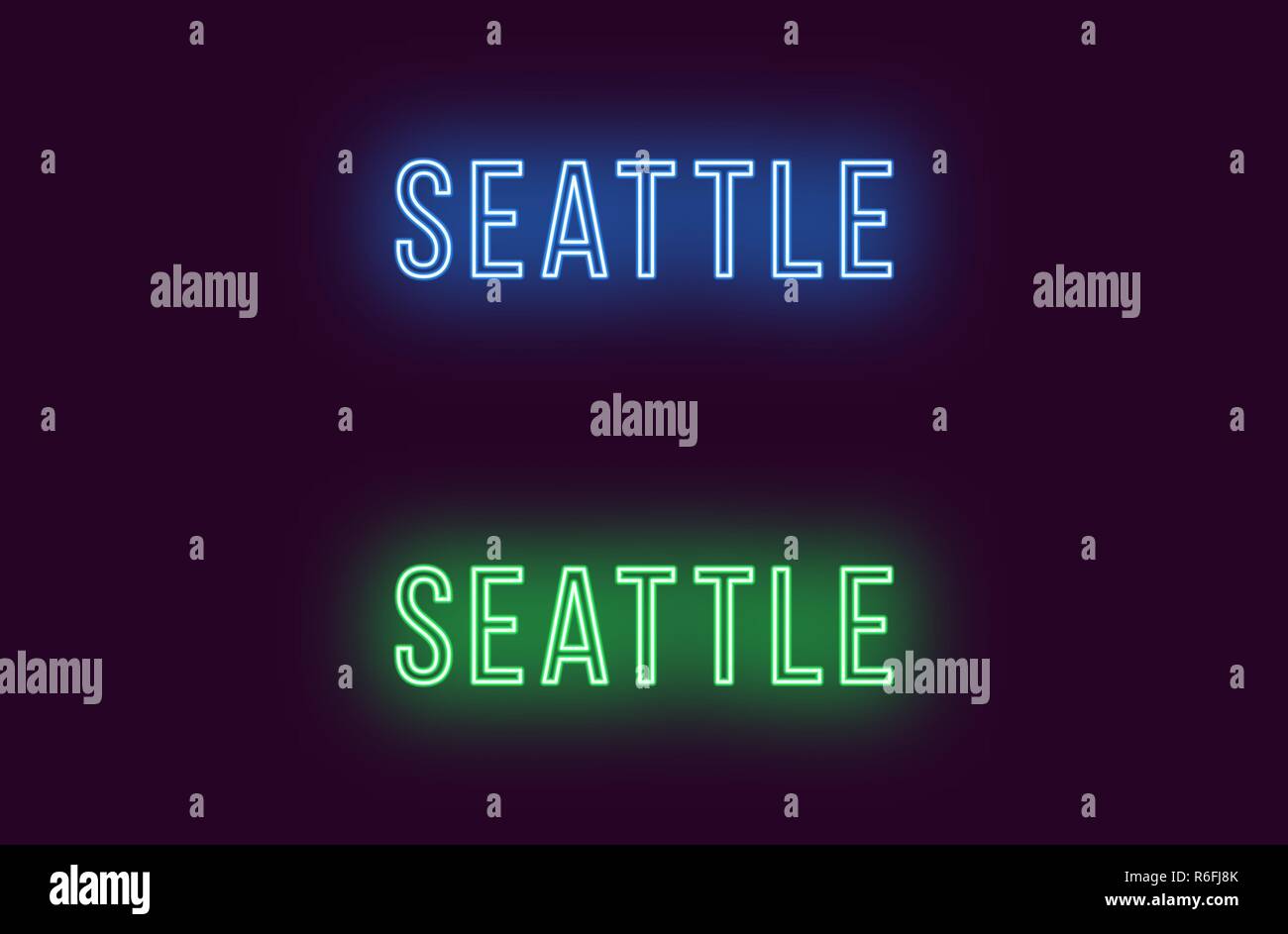 Neon Name des Seattle City in den USA. Vektor Text von Seattle, Neon Beschriftung mit Hintergrundbeleuchtung in dünnen, blauen und grünen Farben. Isolierte glühende Titel Stock Vektor