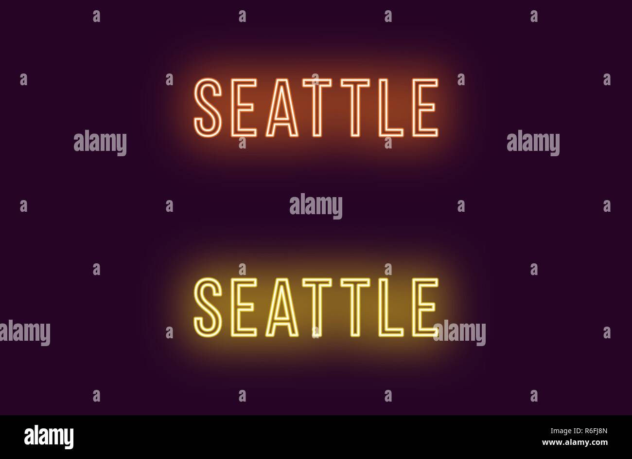 Neon Name des Seattle City in den USA. Vektor Text von Seattle, Neon Beschriftung mit Hintergrundbeleuchtung in dünnen Stil, orangen und gelben Farben. Isolierte glühende Ti Stock Vektor