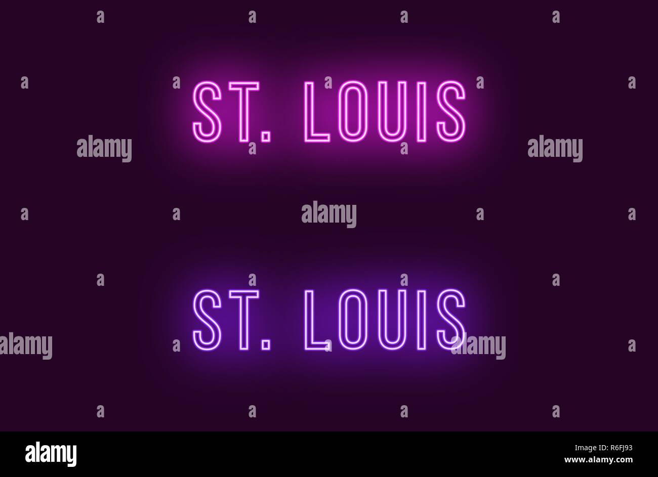 Neon Name von St Louis Stadt in den USA. Vektor Text von St. Louis, Neon Beschriftung mit Hintergrundbeleuchtung in dünnen Stil, Lila und violetten Farben. Glühende isoliert Stock Vektor