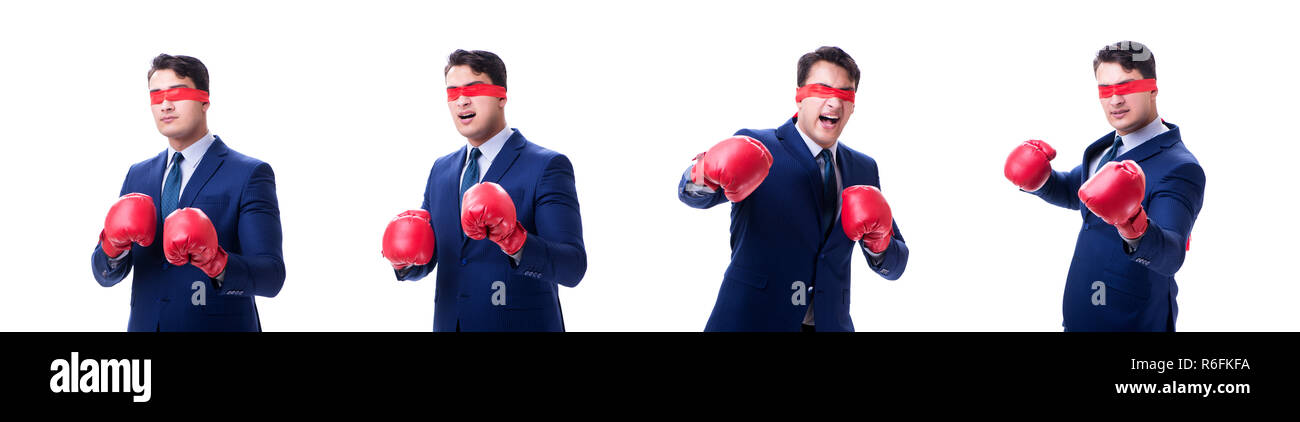 Rechtsanwalt mit Augenbinde Boxhandschuh isoliert auf weißem Stockfoto