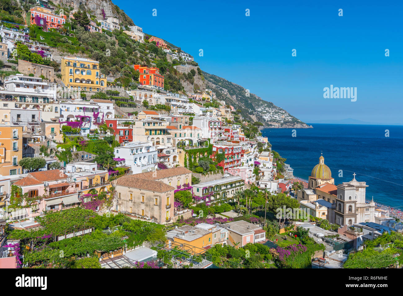 Sicht auf Positano, einem der schönsten und touristischen Ortschaften der Küste von Amalfi, Italien Stockfoto