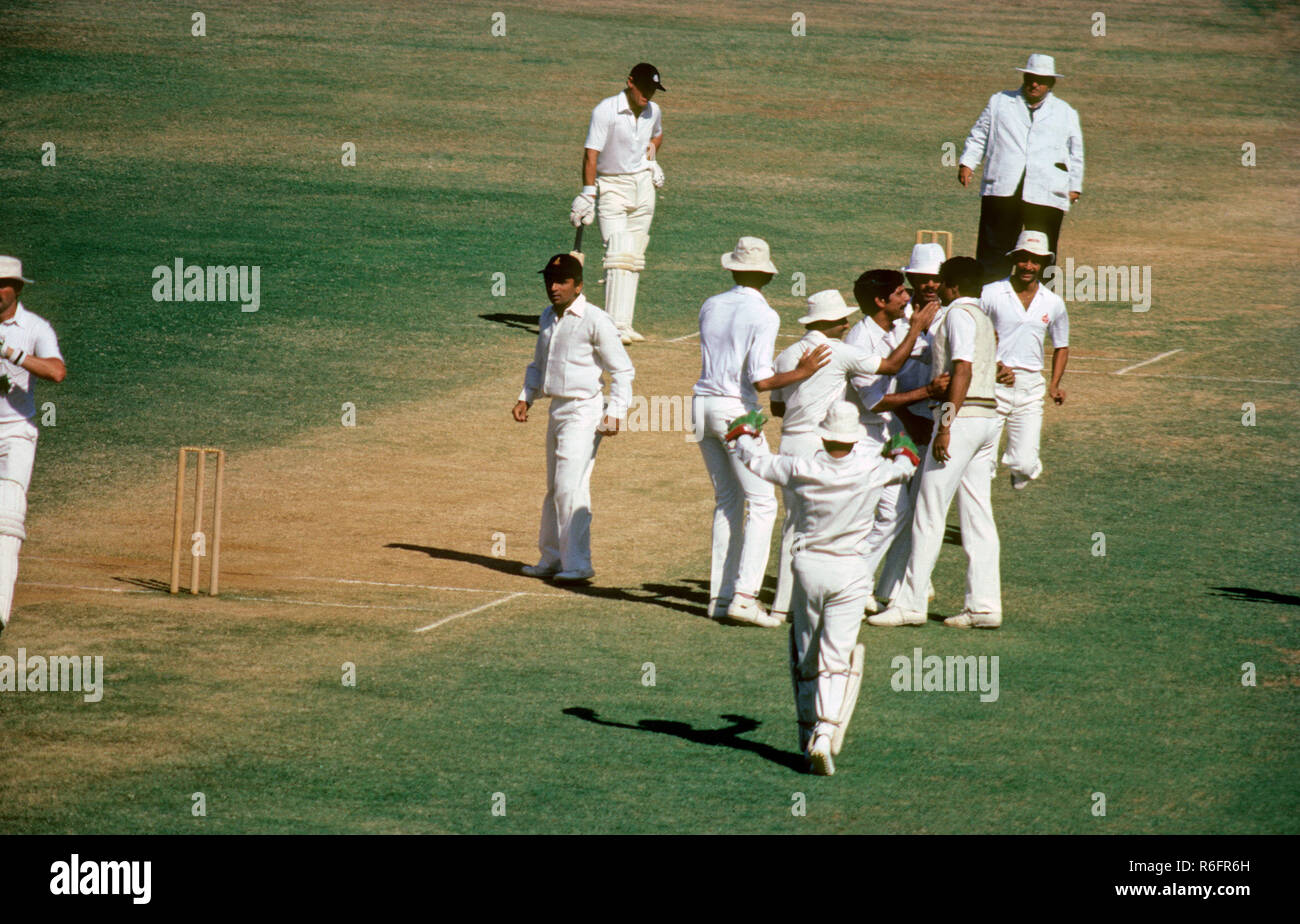 Spieler feiern Wicket auf Stadion Stockfoto