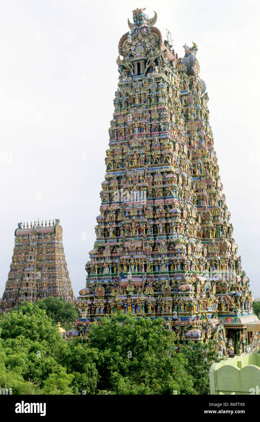 Sri Meenakshi Tempel, West- und Südturm, Madurai, Tamil Nadu, Indien, Asien Stockfoto