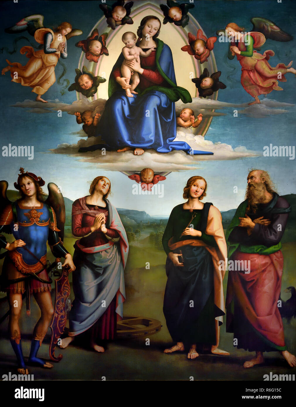 Madonna mit Kind und Heiligen in der Herrlichkeit der Evangelist Johannes, Apollonia, Katharina von Alexandria und der Erzengel Michael durch Vannucci Perugino Pietro sagte 1445/1450 -1523 15./16. Jahrhundert, Italien, Italienisch. Stockfoto