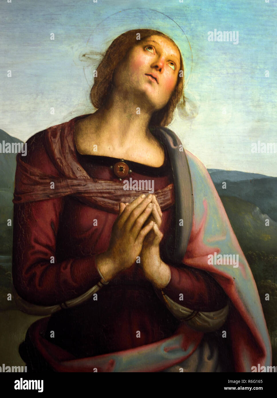 Madonna mit Kind und Heiligen in der Herrlichkeit der Evangelist Johannes, Apollonia, Katharina von Alexandria und der Erzengel Michael durch Vannucci Perugino Pietro sagte 1445/1450 -1523 15./16. Jahrhundert, Italien, Italienisch. Stockfoto