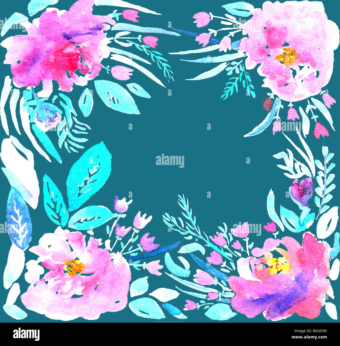 Schöne Unschärfe rosa Aquarell Blumen auf blauem Hintergrund Stockfoto