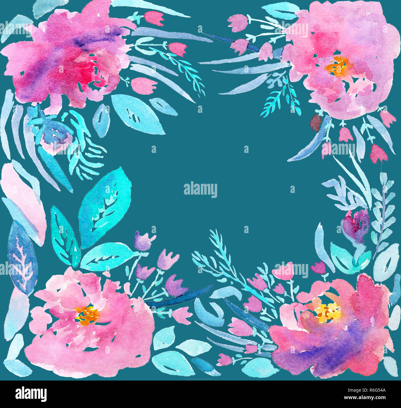 Schöne Unschärfe rosa Aquarell Blumen auf blauem Hintergrund Stockfoto