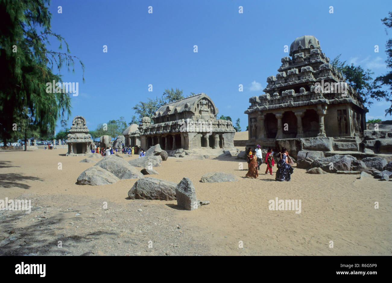 Fünf Rathas, Mahabalipuram, Tamil Nadu, Indien Stockfoto