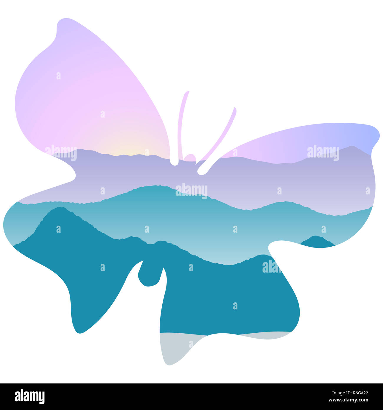 Landschaft mit Bergen, Nebel und Wald bei Sonnenaufgang. Double Exposure, Panoramaaussicht, in butterfly Form Stockfoto