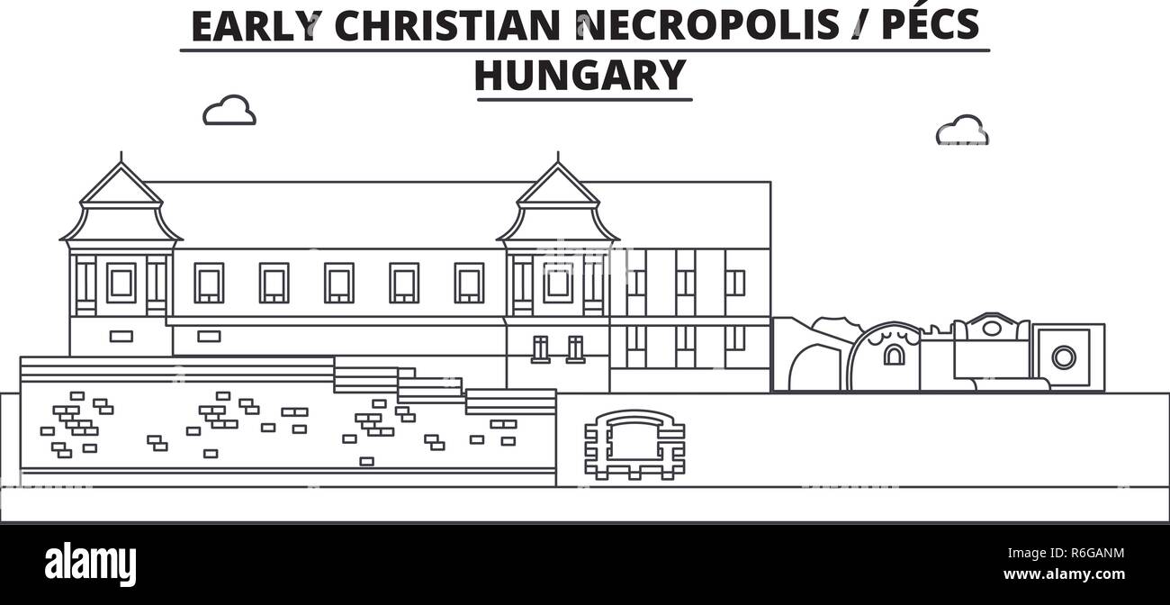 Ungarn - Pecs, Frühchristliche Nekropole Reisen das Wahrzeichen der Skyline, Panorama, Vektor. Ungarn - Pecs, Frühchristliche Nekropole lineare Abbildung Stock Vektor