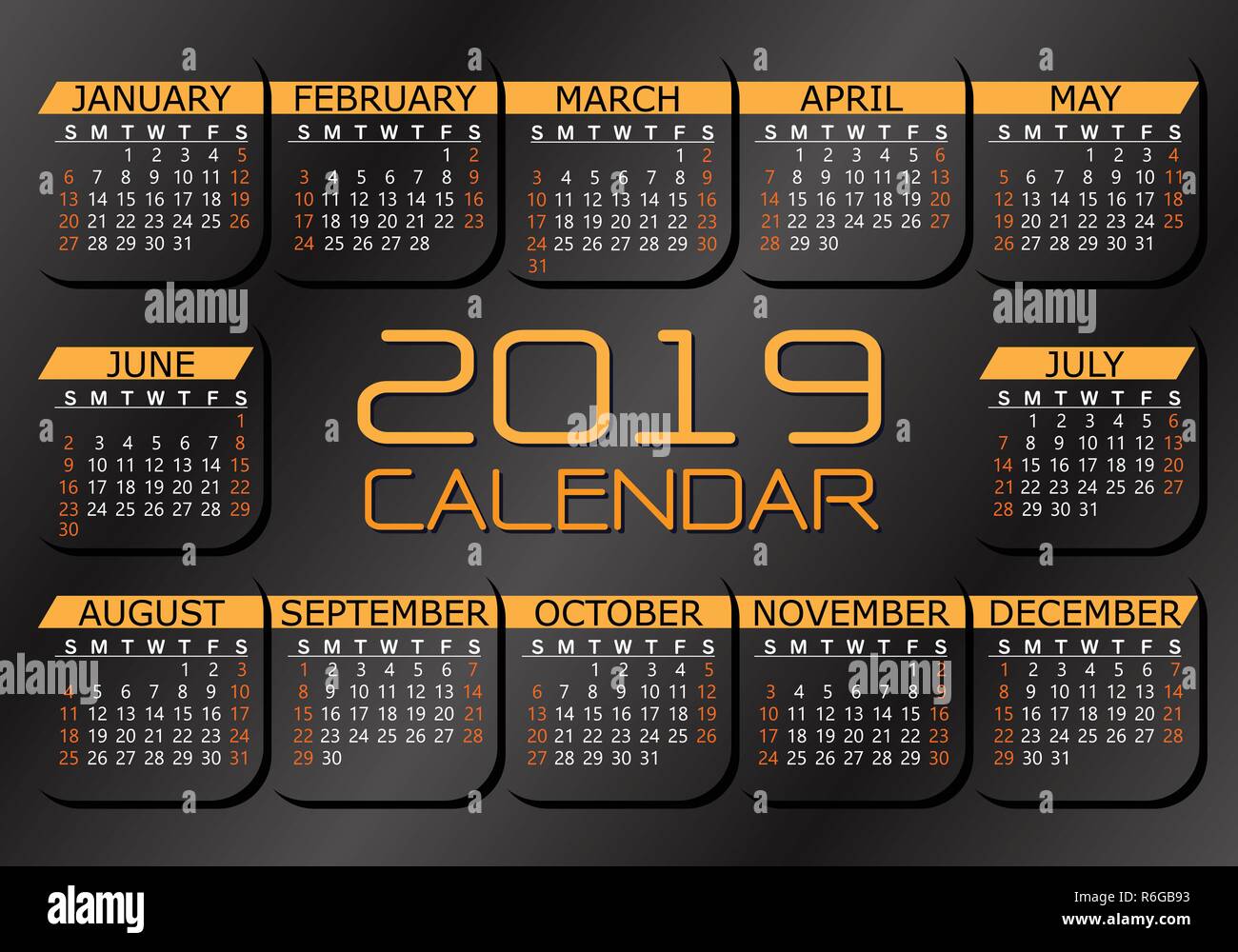 Kalender 2019 Gelb weißer Text auf dunklem Grau Metallic Hintergrund Vector Illustration. Stock Vektor