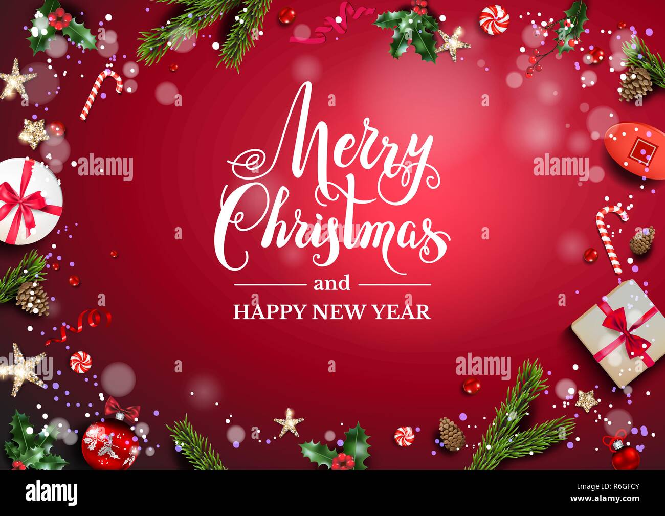 Helles Rot Urlaub Abbildung Karte Mit Weihnachtsschmuck Und Kugeln Sterne Geschenkboxen Tannenbaum Aste Auf Fairy Hintergrund Weihnachten Festliche Vorlage Stock Vektorgrafik Alamy