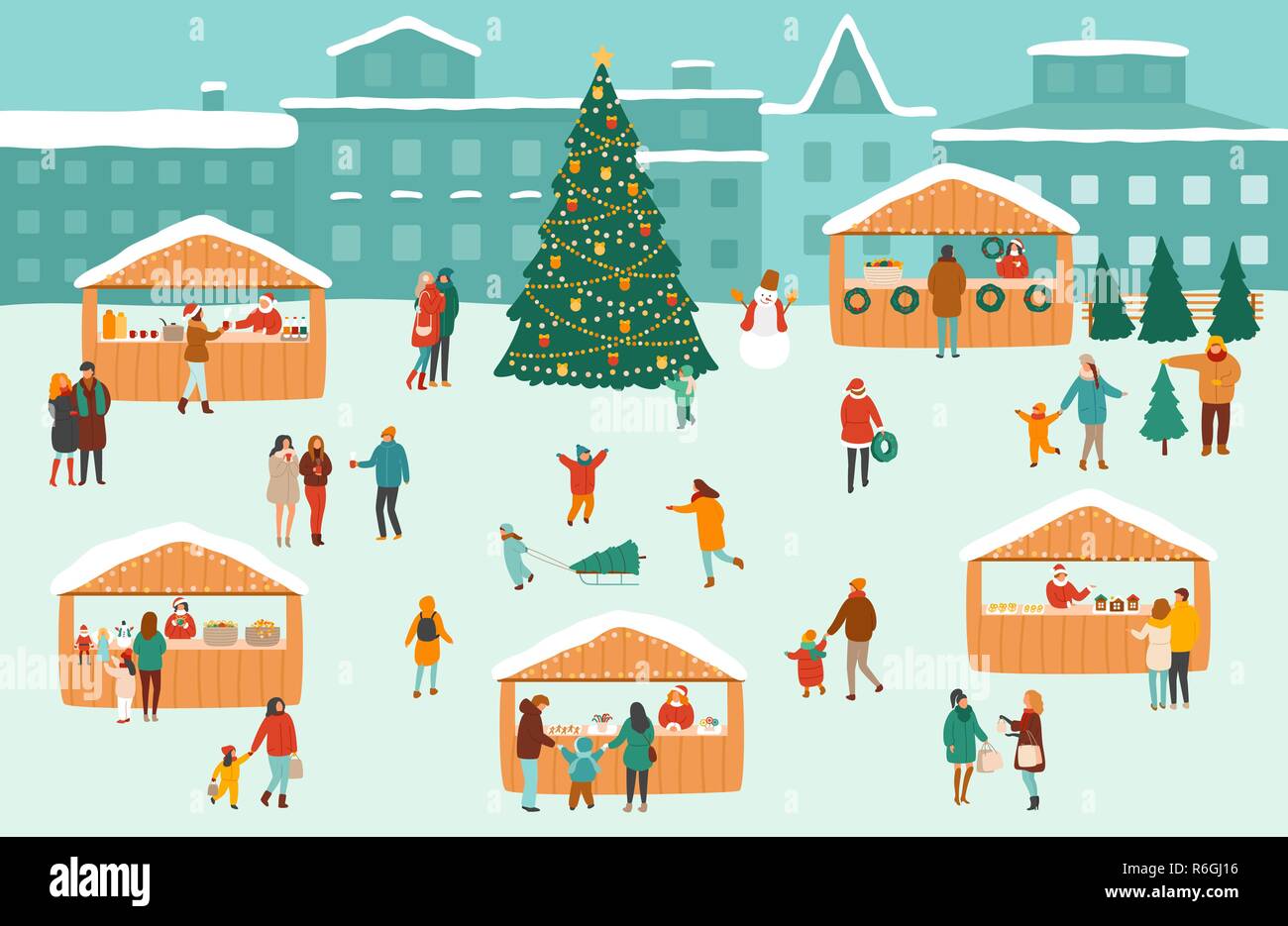 Vector Illustration eines Weihnachtsmarkt oder Urlaub Outdoor Messe am Stadtplatz mit Menschen shopping, trinken Glühwein und ein Rest mit dem Stock Vektor