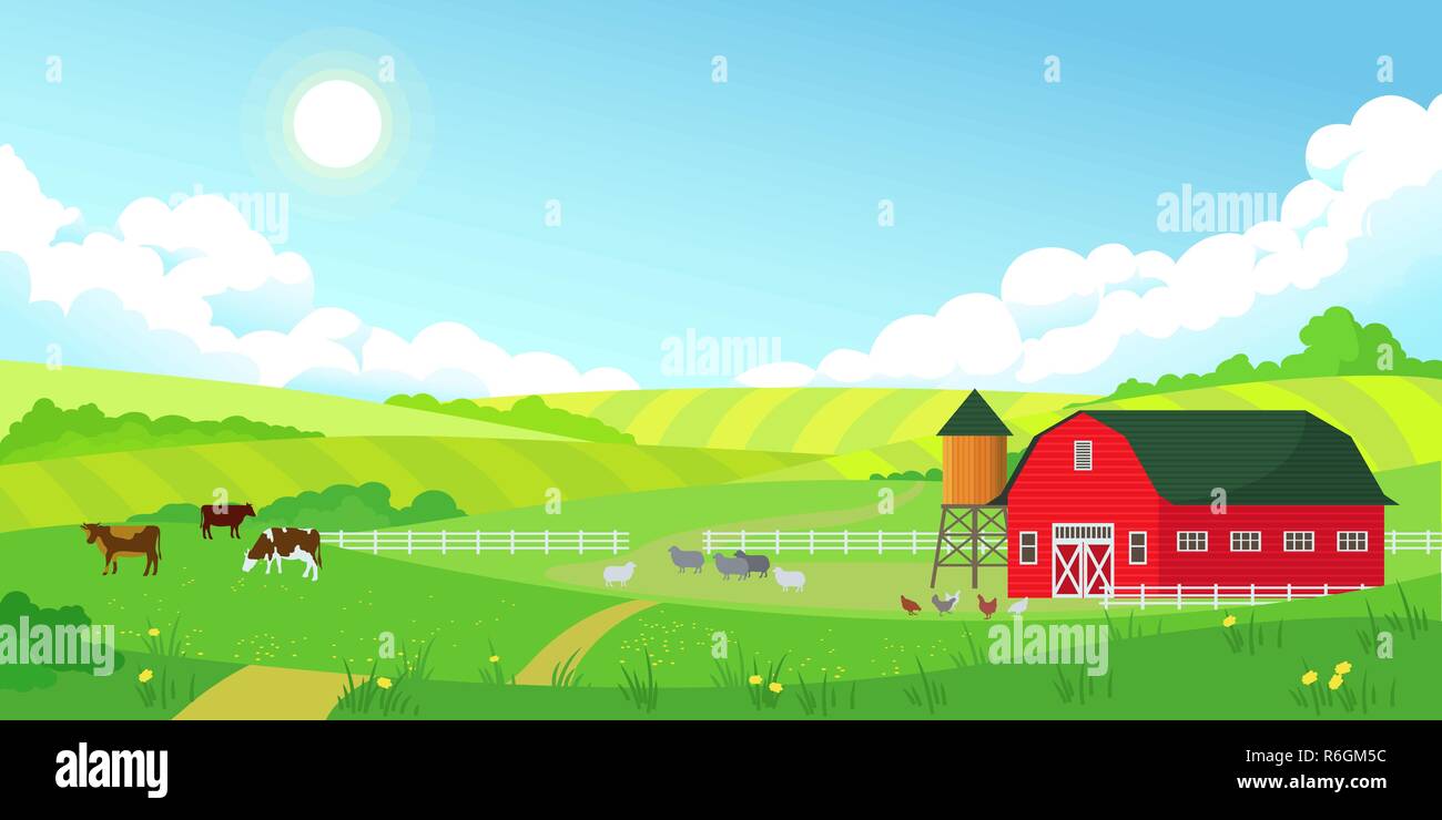 Farbenfrohe Bauernhof Sommer Landschaft, blauen Himmel mit Sonne, rote Scheune Stock Vektor