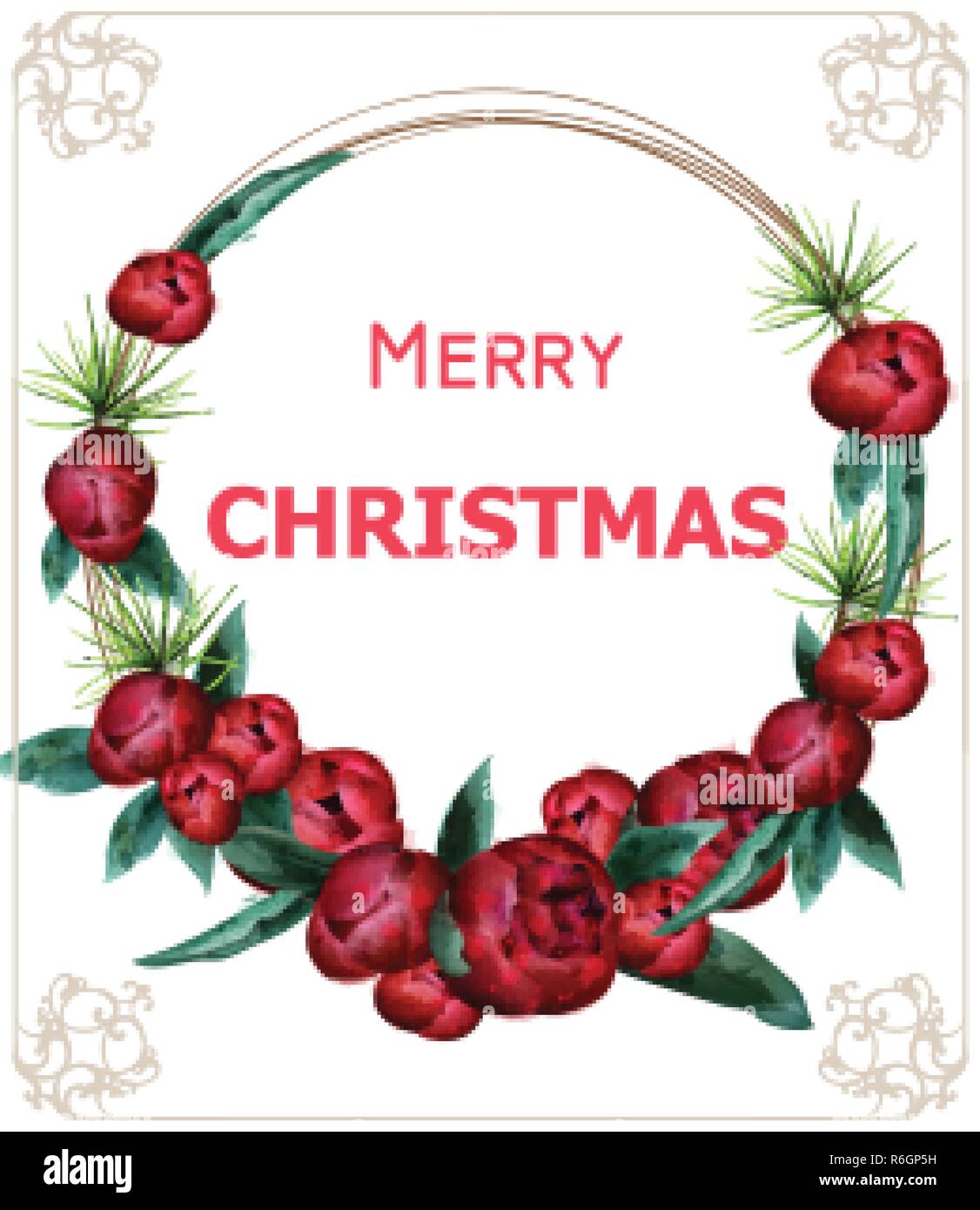 Frohe Weihnachten blühende Päonie Blumen Aquarell Vektor-illustration Kranz Stock Vektor