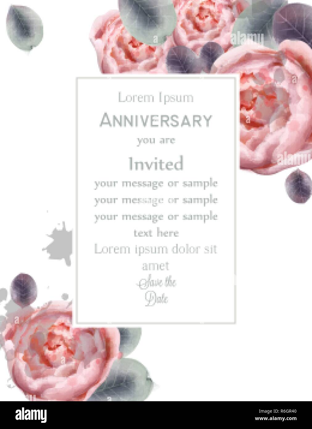 Pfingstrose Blüten Karte Vektor Aquarell. Florales Dekor. Jahrestag Hintergrund Stock Vektor