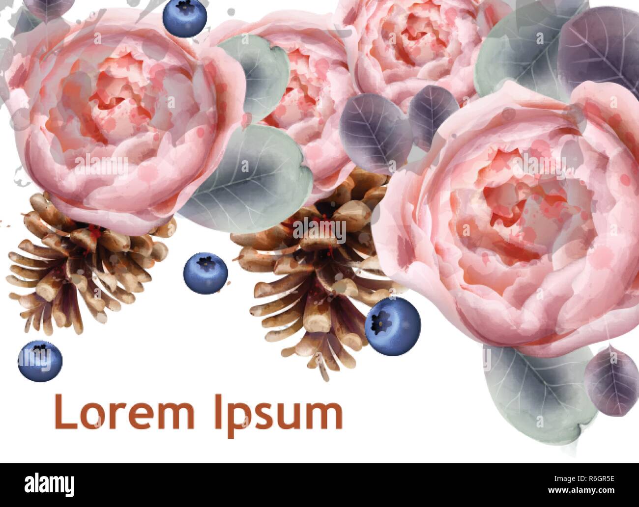 Pfingstrose Blumen und Tannenzapfen Vektor Aquarell. Florales Dekor. Urlaub Hintergrund Stock Vektor