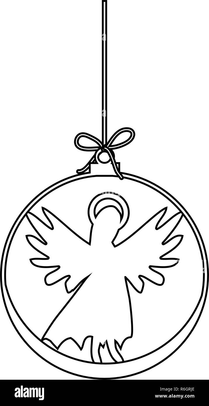 Flache Christmas Ball mit Bogen und Engel. Vektor Kontur Christbaumkugel mit Engel dekorativer XMAS Aufhänger. Abbildung auf weißem Hintergrund. Silhoue Stock Vektor