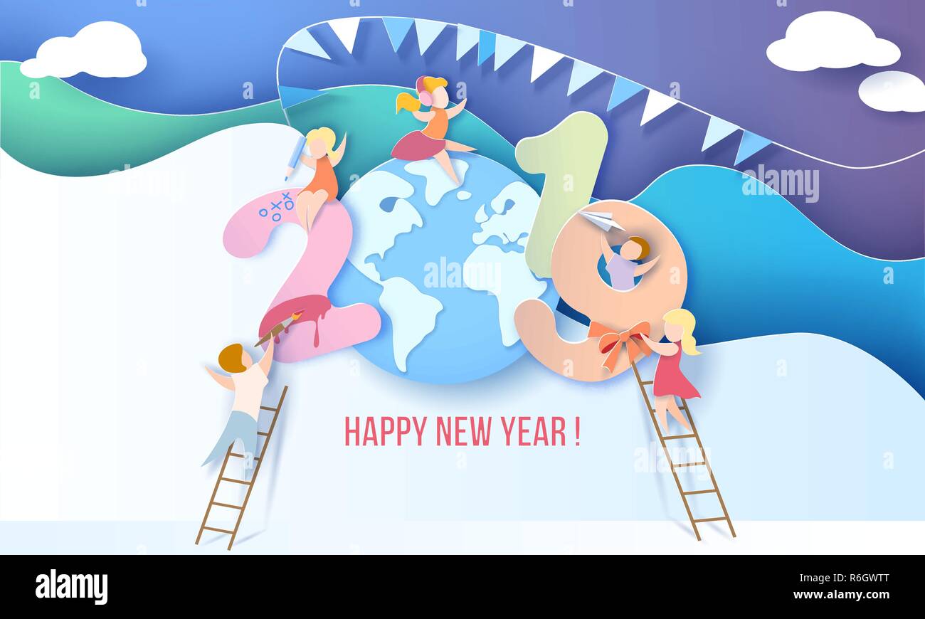 2019 Neues Jahr design Karte mit Kindern auf lila Winter Hintergrund. Vector Illustration. Papier geschnitten und Handwerk Stil. Stock Vektor