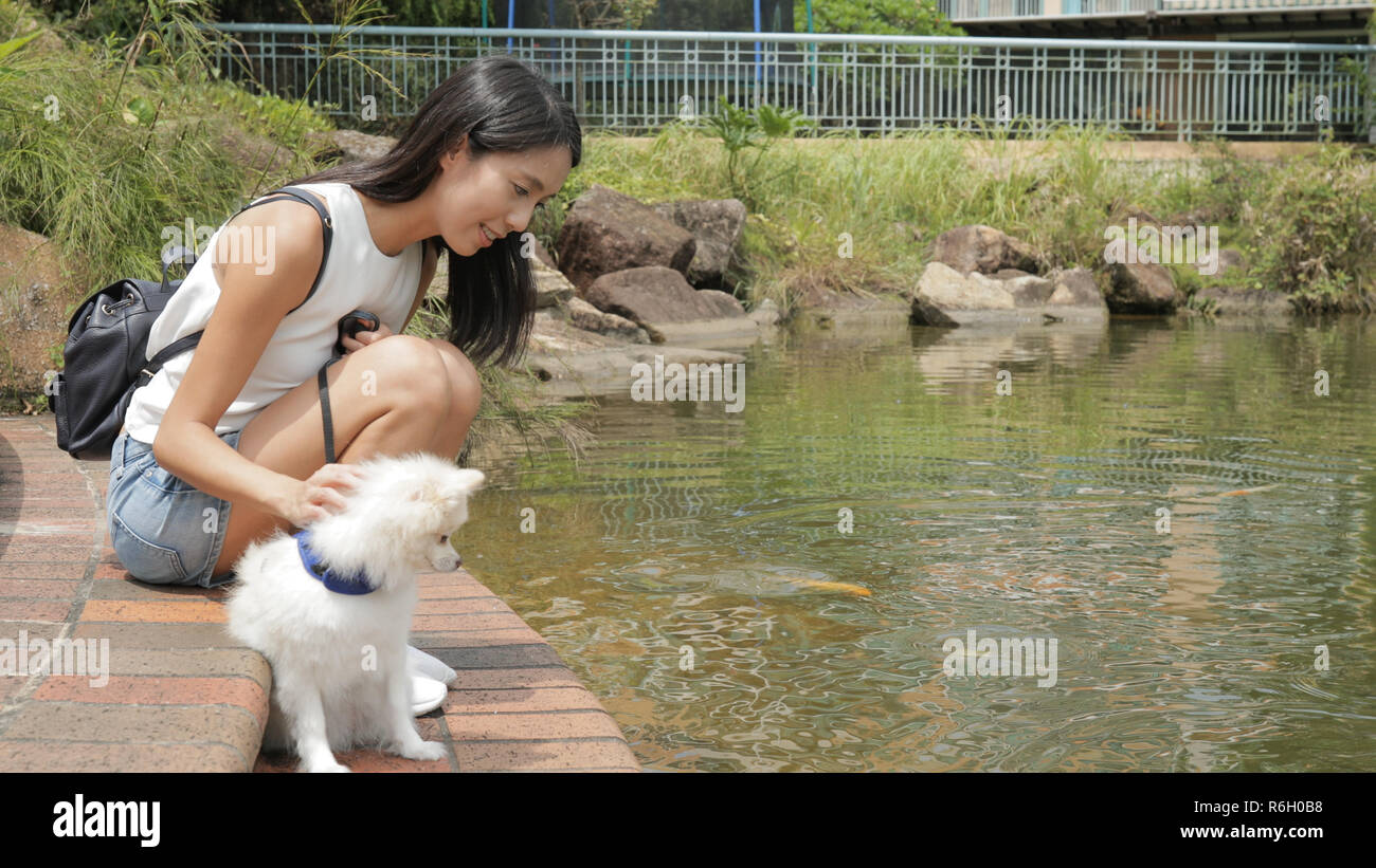 Frau Sie ihrem Hund im Park Stockfoto
