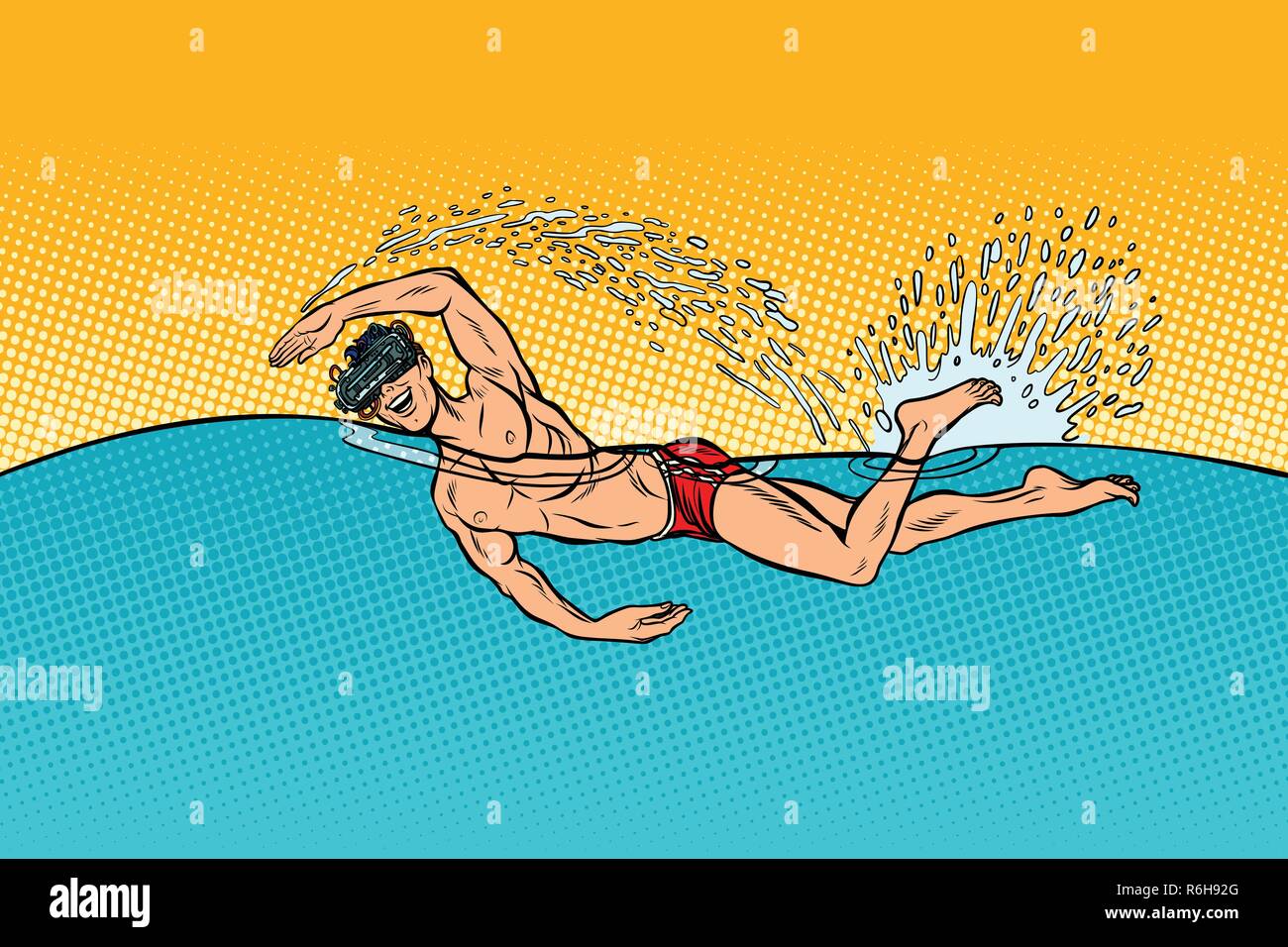 Virtual reality Brillen mann Schwimmer schwimmt. Pop Art retro Vektor illustration Vintage kitsch Stock Vektor