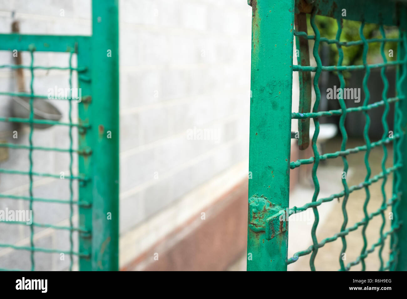 Open Green Gate Und Geschweisste Gitter Zaun Stockfoto Bild