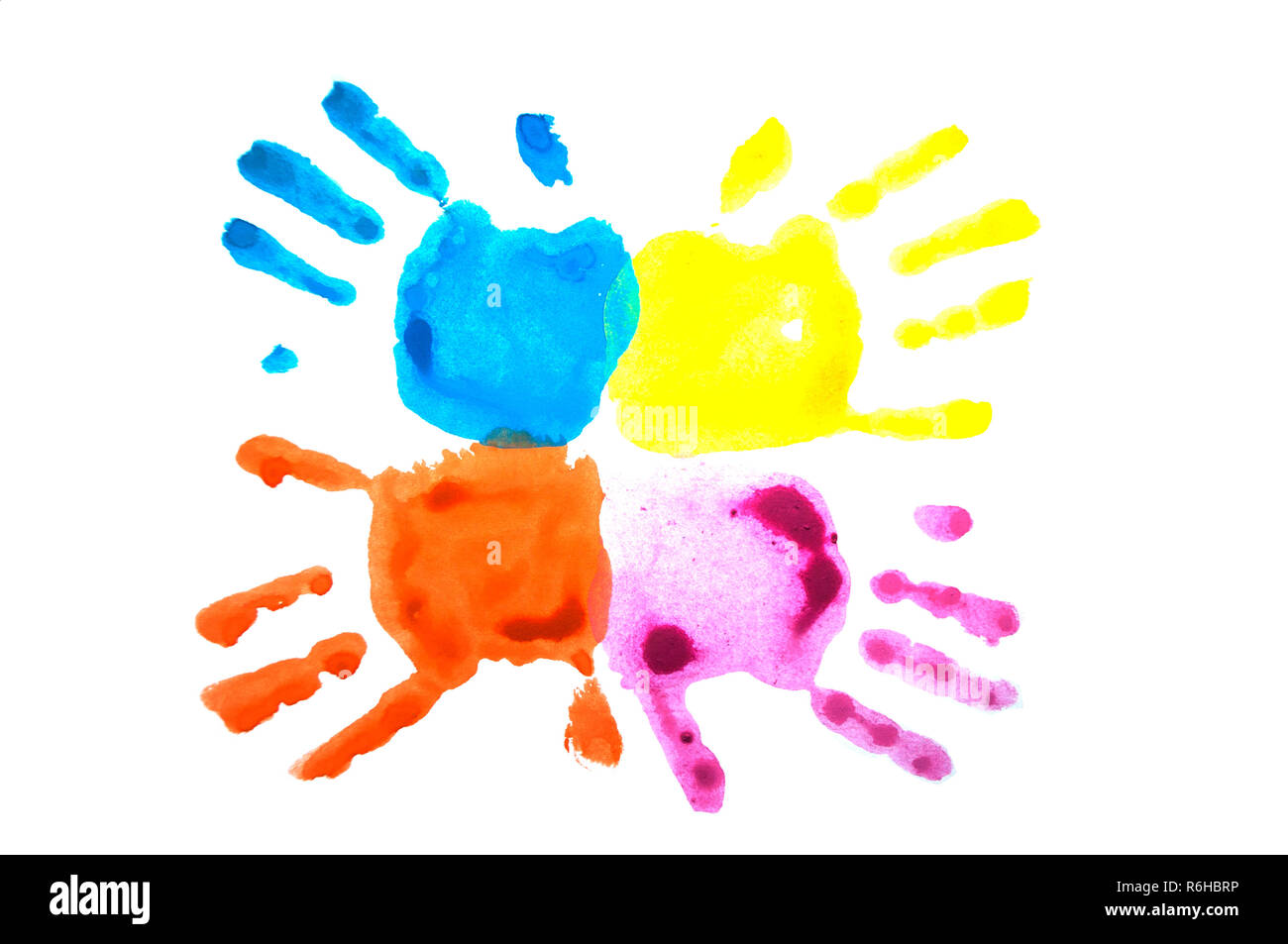 Rosa und Handabdrücke Blue's Kind auf Weiß isoliert. Stockfoto