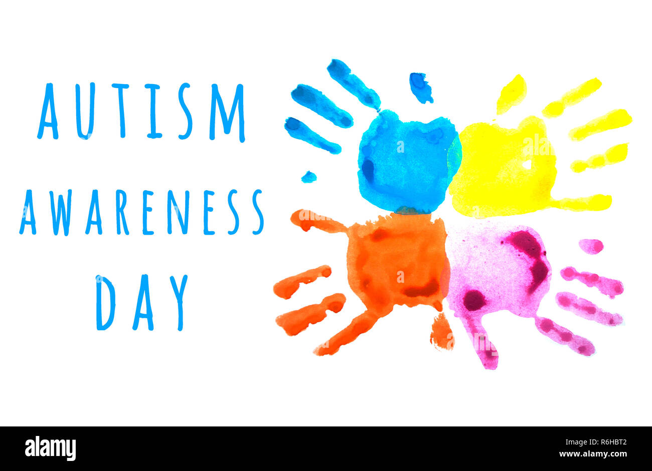 Rosa und Handabdrücke Blue's Kind auf Weiß isoliert. Stockfoto