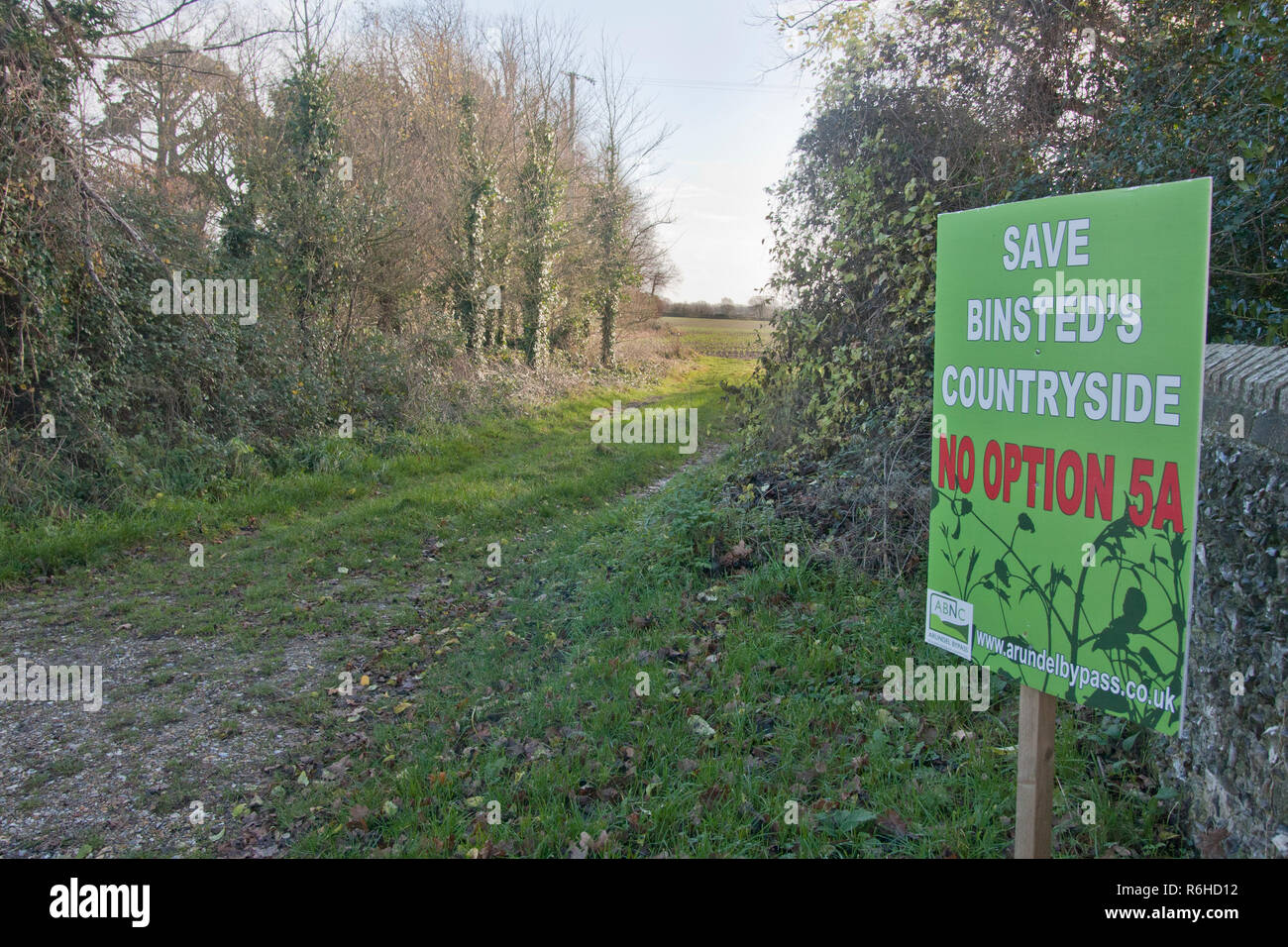 Keine Option 5 ein Protest Zeichen gegen die neue Arundel Bypass, Binsted, West Sussex. Binsted ist ein Dorf in der Folklore durchtränkt. Stockfoto